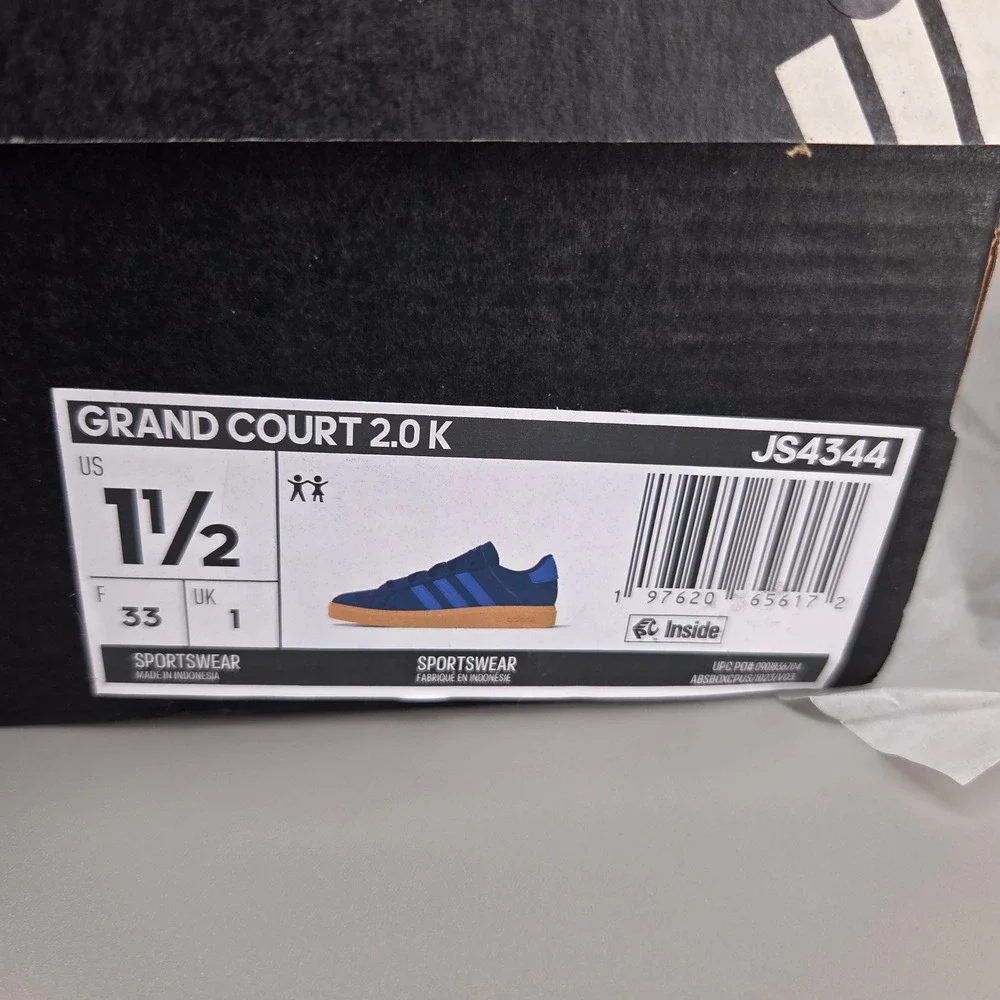 Adidas Grand Court 2.0 K Kids 1.5 Navy Blue Gum Sole Sneakers JS4344 Sporty